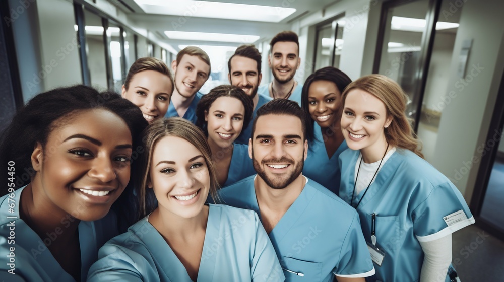 Medical Team Capturing a Selfie in Hospital Corridor: Unity in Healthcare. Generative ai Medical Team Capturing a Selfie in Hospital Corridor: Unity in Healthcare. Generative ai