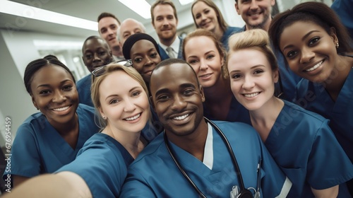 Medical Team Capturing a Selfie in Hospital Corridor: Unity in Healthcare. Generative ai © Scrudje