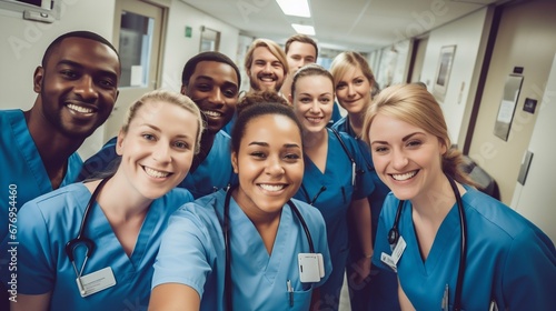 Medical Team Capturing a Selfie in Hospital Corridor: Unity in Healthcare. Generative ai