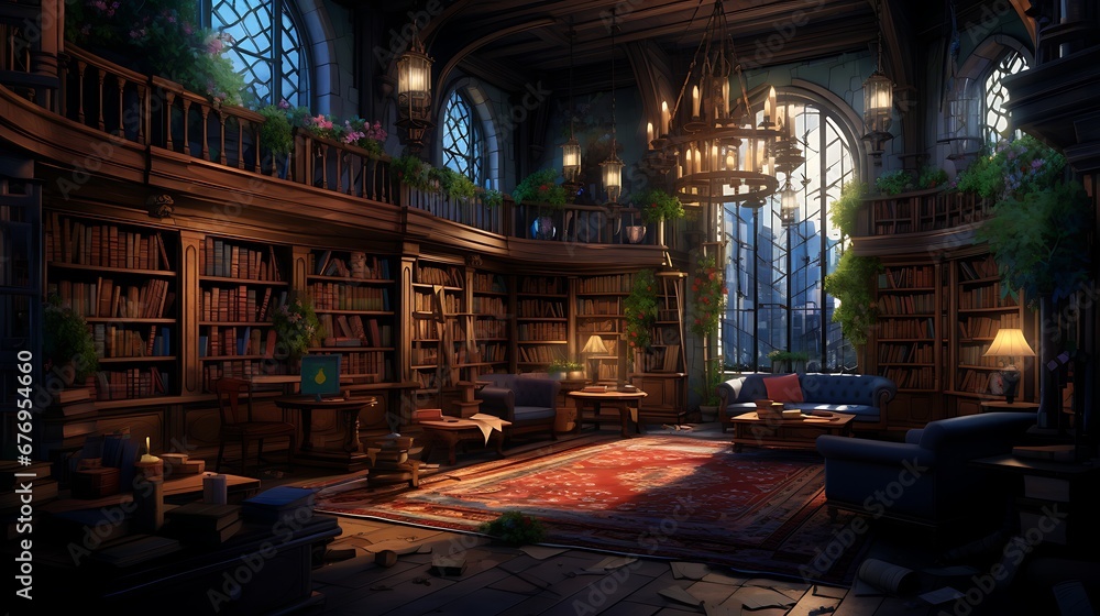 A library with a cozy corner for storytelling and fairy tales.