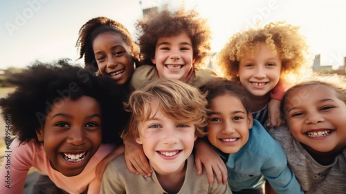 Multiracial Children Embracing Outdoors: Unity and Friendship. Generative ai