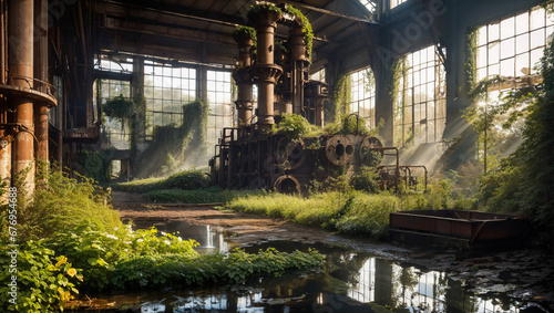 Destroyed factory overgrown with a large number of plants with rusty mechanisms and beautiful daytime lighting