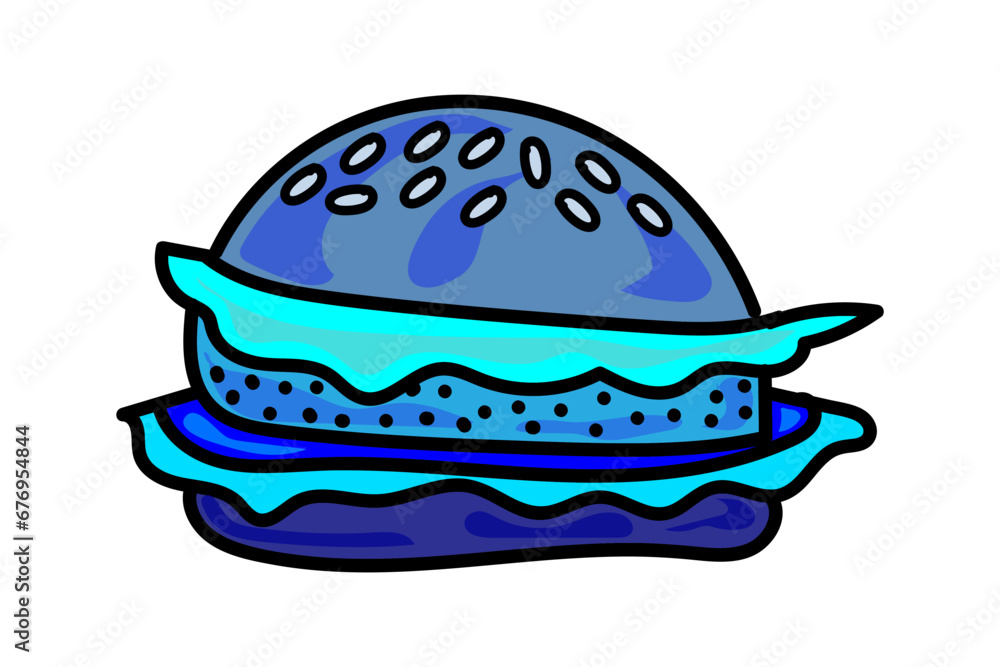 Cool blue cartoon burger. Fast food. Yummy vector illustration. Bright meal. Cooking and kitchen. Dinner. Cool blue cartoon burger. Fast food. Yummy vector illustration. Bright meal. Cooking and kitchen. Dinner.