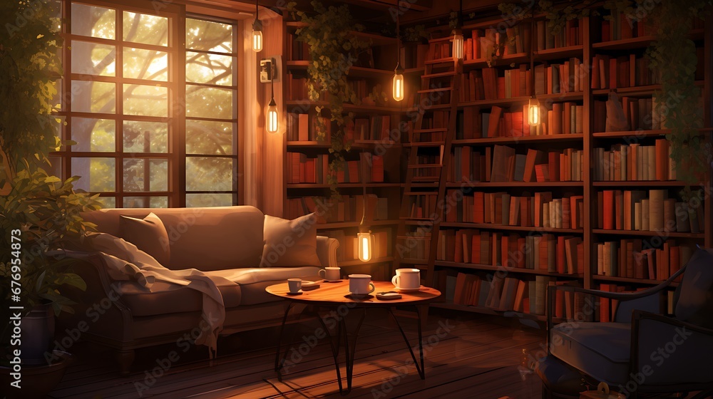 A library with a cozy corner for poetry and verse readers.