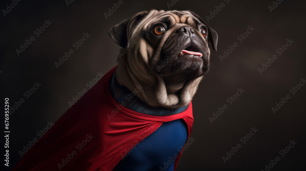 studio photo shot of Pug dog in a superhero outfit, Generative AI