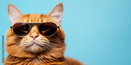 Funny Ginger Cat Wearing Sunglasses: Closeup Portrait
