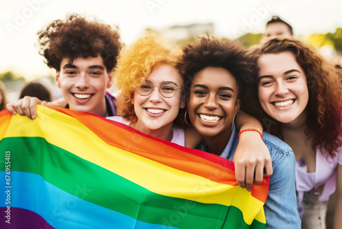 LGBT community celebrating gay pride, group of diverse people having fun and holding the rainbow flag