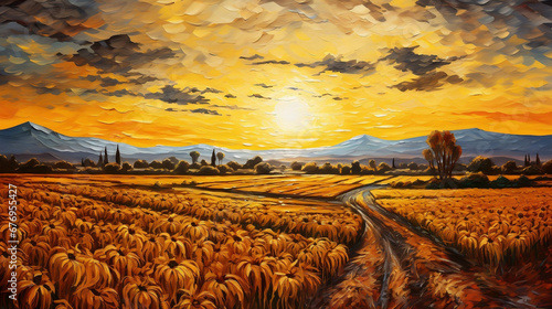 Vincent van gogh style painting with beautiful colours - Sunny day with yellow field on a relaxing farm - Large texan farm with nice weather and big sunrise - Beautiful autumn landcape van gogh style photo
