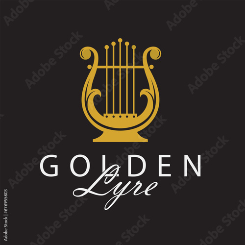 golden ancient lyre icon isolated on black background
