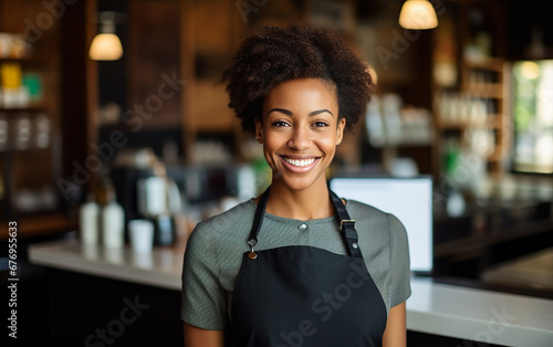 Dark-skined cheerfull woman working as a cashier in the store photo