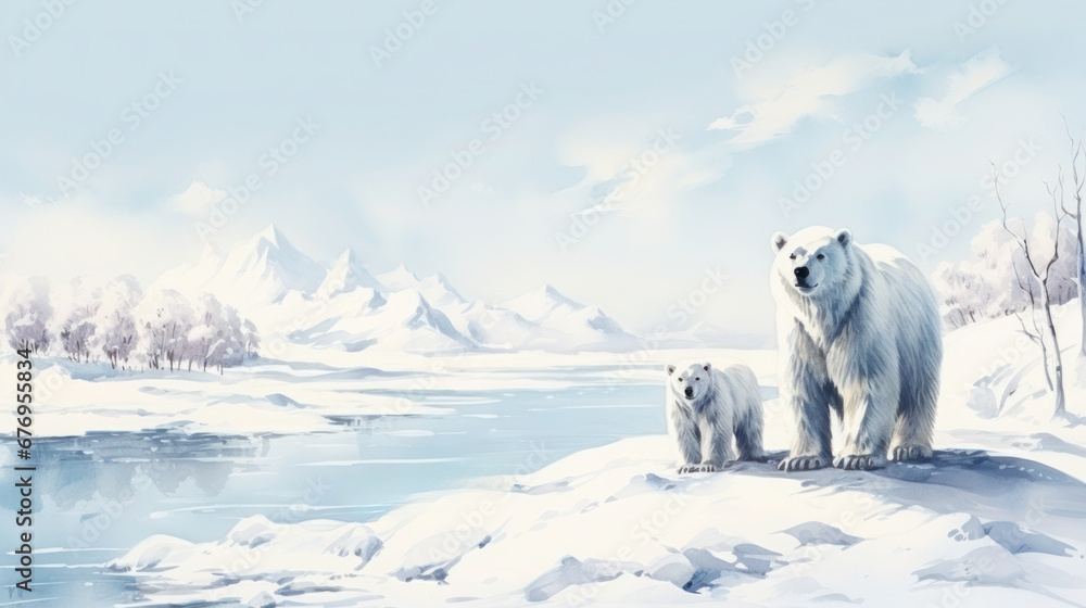 Female polar bear with her cub on a snowbank, snowy mountains in the background, watercolor Female polar bear with her cub on a snowbank, snowy mountains in the background, watercolor