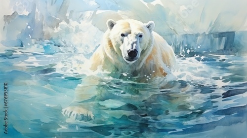 Lonely polar bear swims in ice cold water between snow rocks, watercolor