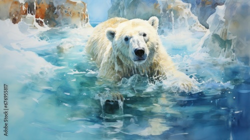 Arctic hunter in his element: polar bear crosses clear blue waters, watercolor