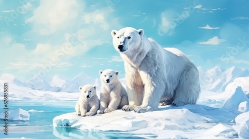 Female polar bear with cubs on an ice floe  icy mountains in the background  watercolors