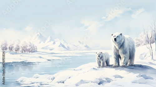 Female polar bear with her cub on a snowbank  snowy mountains in the background  watercolor