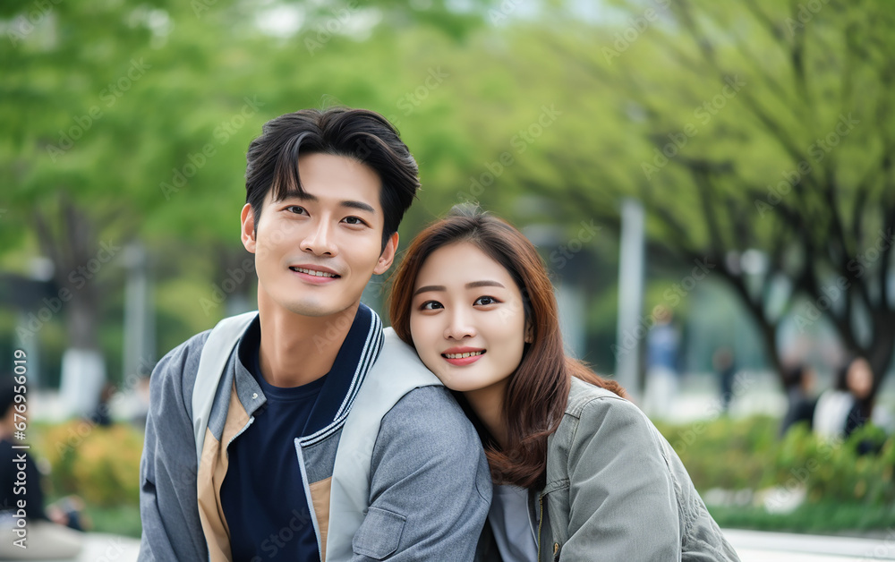 Fototapeta premium Asian couple spending time in town park