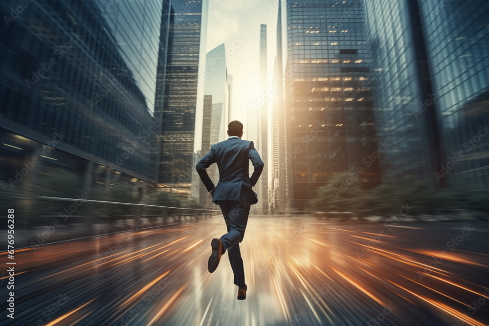 A businessman runs as fast as he can through an office building street in order to successfully plan an innovative idea. Concept for achieving business goals and not missing out on business opportunit A businessman runs as fast as he can through an office building street in order to successfully plan an innovative idea. Concept for achieving business goals and not missing out on business opportunit