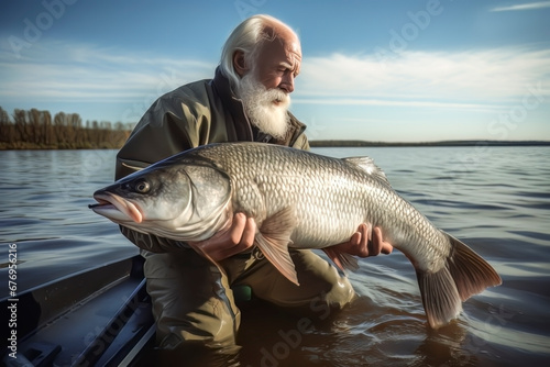 SENIOR MAN FISHERMAN, HOLDING A BIG FISH IN THE WATER.