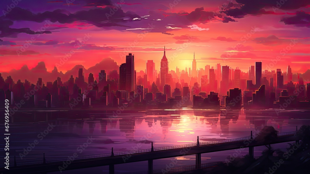 A city skyline with a vivid orange and purple sunset in the background, highlighting the beauty of urban landscapes