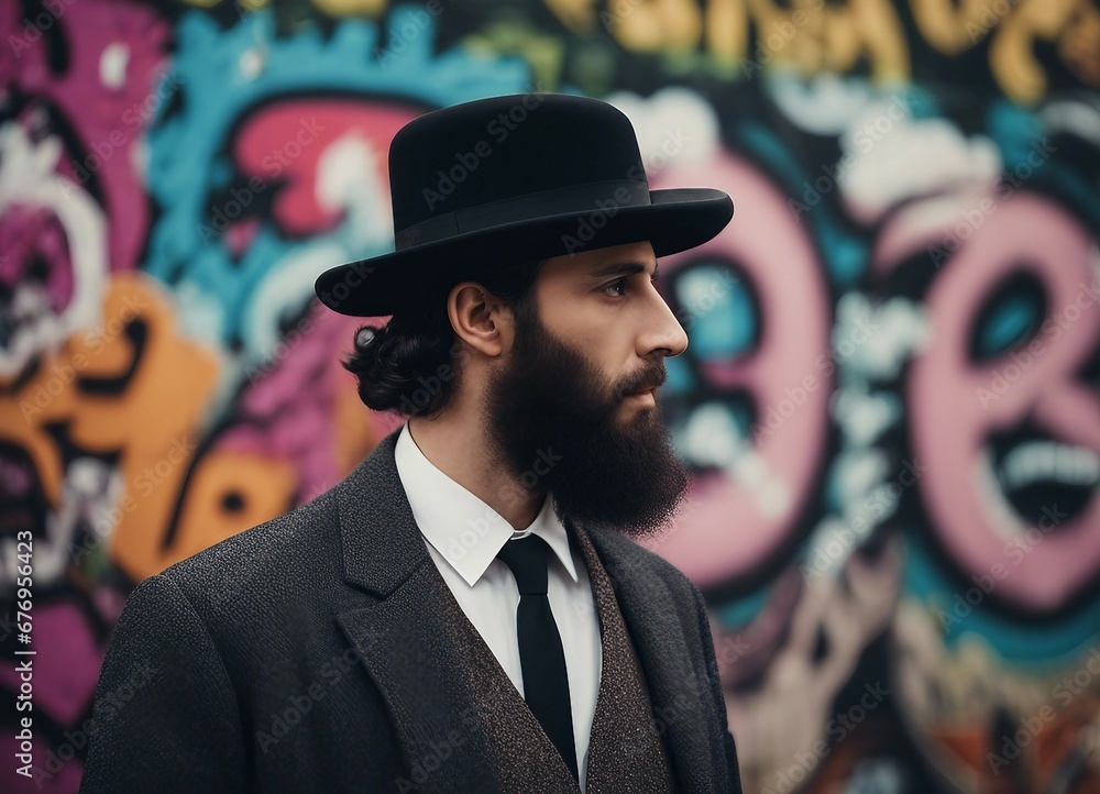 Elegant Hasidic Man in Traditional Attire Posing Confidently Before a Vibrant Urban Graffiti Wall, Showcasing Cultural Identity and Modern Street Art Contrast Elegant Hasidic Man in Traditional Attire Posing Confidently Before a Vibrant Urban Graffiti Wall, Showcasing Cultural Identity and Modern Street Art Contrast