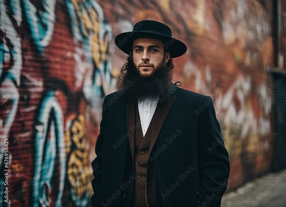 Elegant Hasidic Man in Traditional Attire Posing Confidently Before a Vibrant Urban Graffiti Wall, Showcasing Cultural Identity and Modern Street Art Contrast Elegant Hasidic Man in Traditional Attire Posing Confidently Before a Vibrant Urban Graffiti Wall, Showcasing Cultural Identity and Modern Street Art Contrast