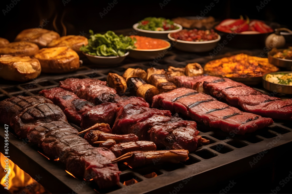 a spread of diverse cuts of meat on a churrasco grill a spread of diverse cuts of meat on a churrasco grill