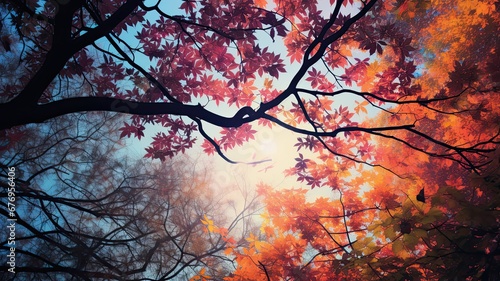 The silhouette of autumn leaves on trees with vibrant colors, showcasing the changing seasons