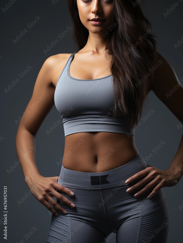 a beautiful sports girl with a good figure, a muscular, healthy female body, a sporty stomach. dressed in a gray tracksuit on a dark background a beautiful sports girl with a good figure, a muscular, healthy female body, a sporty stomach. dressed in a gray tracksuit on a dark background