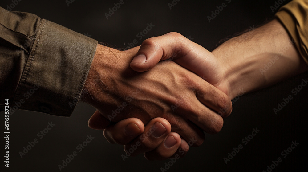 Two confident business people shaking hands during a meeting on a dark background.Generative AI Two confident business people shaking hands during a meeting on a dark background.Generative AI