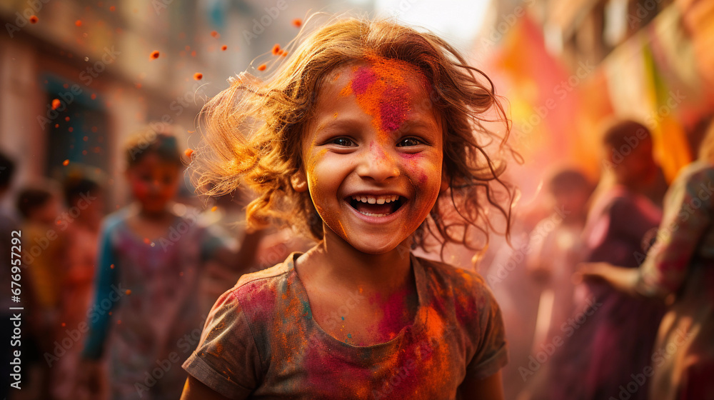 A happy child, a girl, at the Holi festival