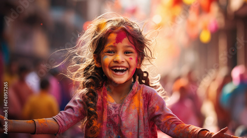 A happy child, a girl at the Holi festival
