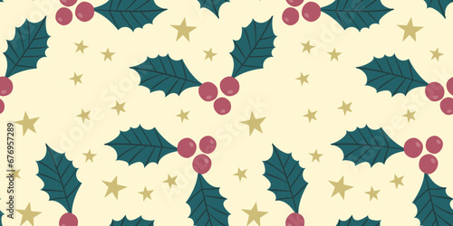 Seamless Christmas pattern with holly berry and stars.