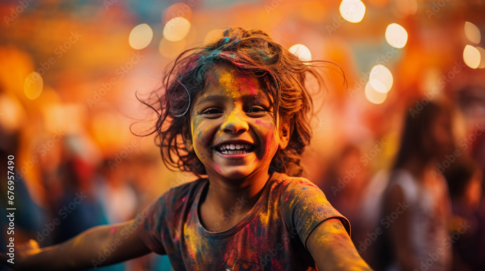 A happy child, a boy at the Holi festival A happy child, a boy at the Holi festival