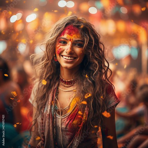 A happy young Indian woman at the Holi festival © Anna