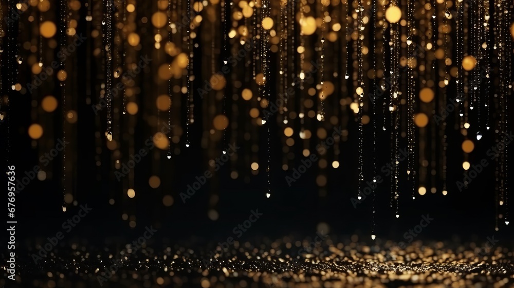 Golden glitter rain, gold particles glow with falling snow bokeh light effect. Golden sparks splash, shimmer glow flow on black background. Magic concept. New Year concept. Celebrate concept. Golden glitter rain, gold particles glow with falling snow bokeh light effect. Golden sparks splash, shimmer glow flow on black background. Magic concept. New Year concept. Celebrate concept.