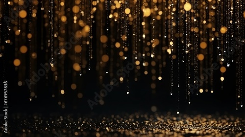 Golden glitter rain, gold particles glow with falling snow bokeh light effect. Golden sparks splash, shimmer glow flow on black background. Magic concept. New Year concept. Celebrate concept. photo