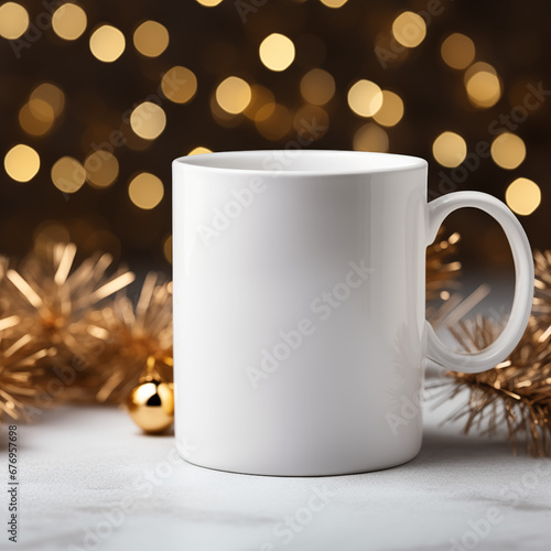 Elegant White Mug Mockup with Golden Christmas Decor and Warm Bokeh Lights