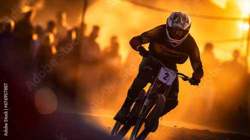Extreme BMX bicycle rider on blurred dusty flare background