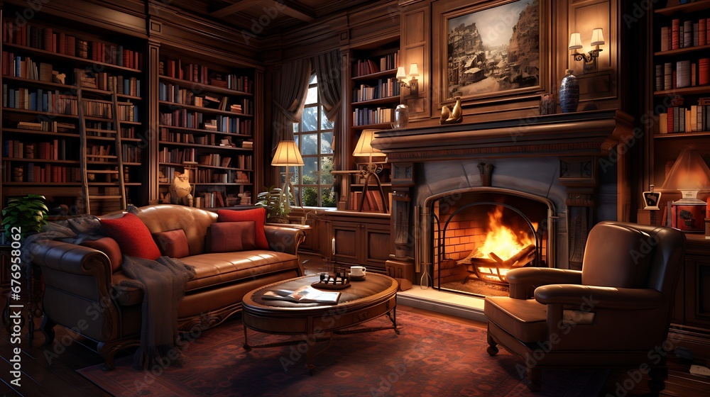 A library with a cozy fireplace and comfortable armchairs.