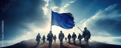 group of military soldiers infantry army marching to war battle battlefield for patriotic victory and wining or surrender as wide clean banner poster design with copy space area photo