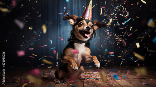 happy dog,New year, carnival or birthday concept with falling confetti.Generative AI photo