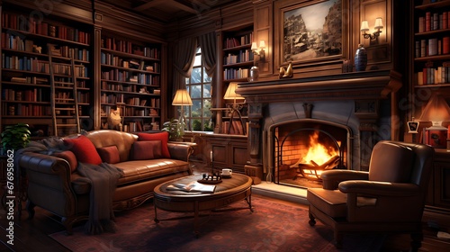 A library with a cozy fireplace and comfortable armchairs. © Muhammad