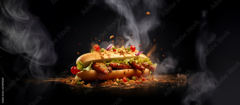 fresh hotdog or sausage sandwich with flying ingredients and spices hot ready to serve and eat food commercial advertisement menu banner with copy space area - obrazy, fototapety, plakaty 