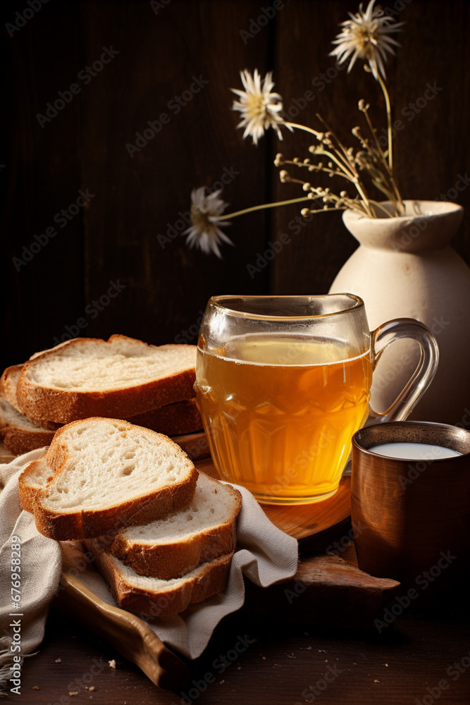 Healthy breakfast with bread, honey, milk on the table.Generative AI Healthy breakfast with bread, honey, milk on the table.Generative AI