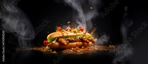 fresh hotdog or sausage sandwich with flying ingredients and spices hot ready to serve and eat food commercial advertisement menu banner with copy space area photo