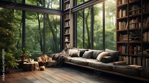 A library with a cozy reading nook by a large window.