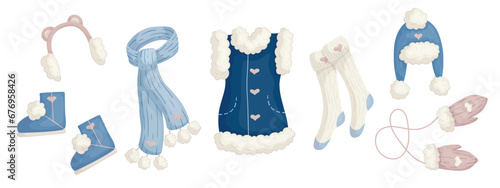 A set of fur, winter, knitted clothes, accessories and shoes. Vector graphics. photo