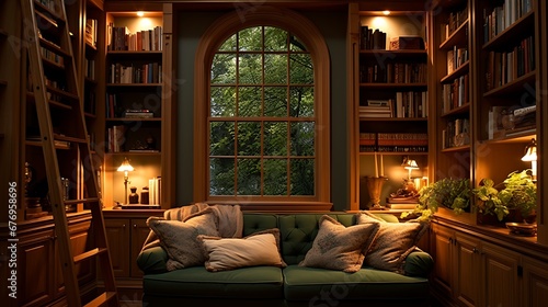 A library with a reading nook in a cozy, well-lit alcove.