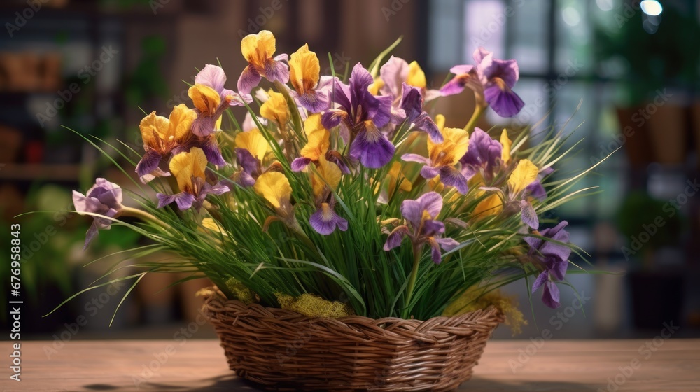 bouquet of irises in a basket on a wooden table. Mother's day concept with a space for a text. Valentine day concept with a copy space.