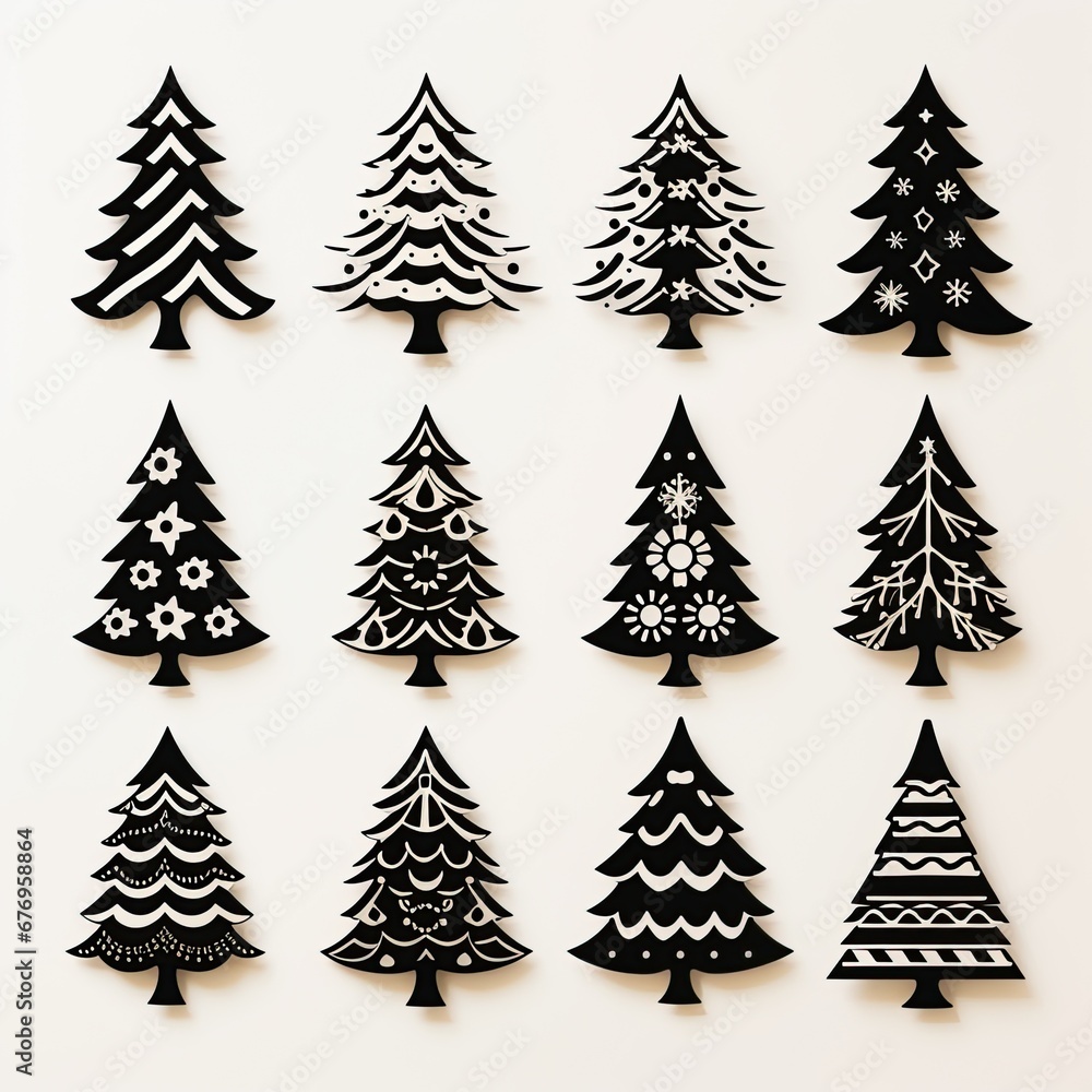Variety of black and white Christmas trees with decorative patterns. Variety of black and white Christmas trees with decorative patterns.